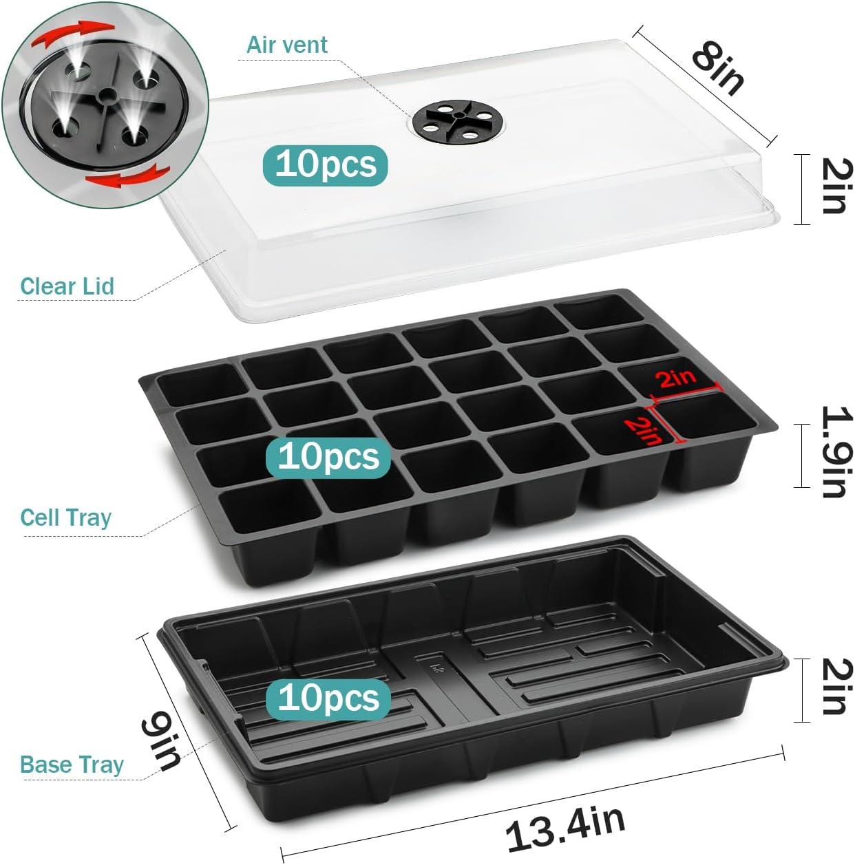 RooTrimmer 10-Pack XL Seed Starter Tray with Dome – 24 Large 2" Cells per Seedling Starter Trays (Total 240 Cells), Seed Growing Tray with Humidity Lids for Greenhouse Home Plant Propagation