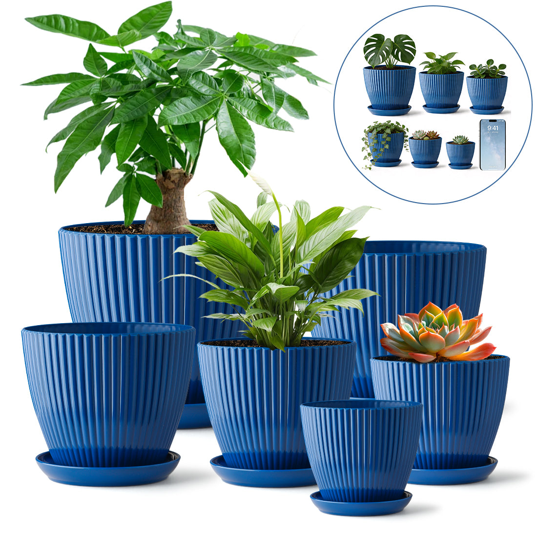 6 Pack Modern Ribbed Blue Plant Pots with Saucers & Drainage Holes | Multi Size 3.5"-7.5" Indoor Outdoor Planters for Succulents, Herbs & Houseplants