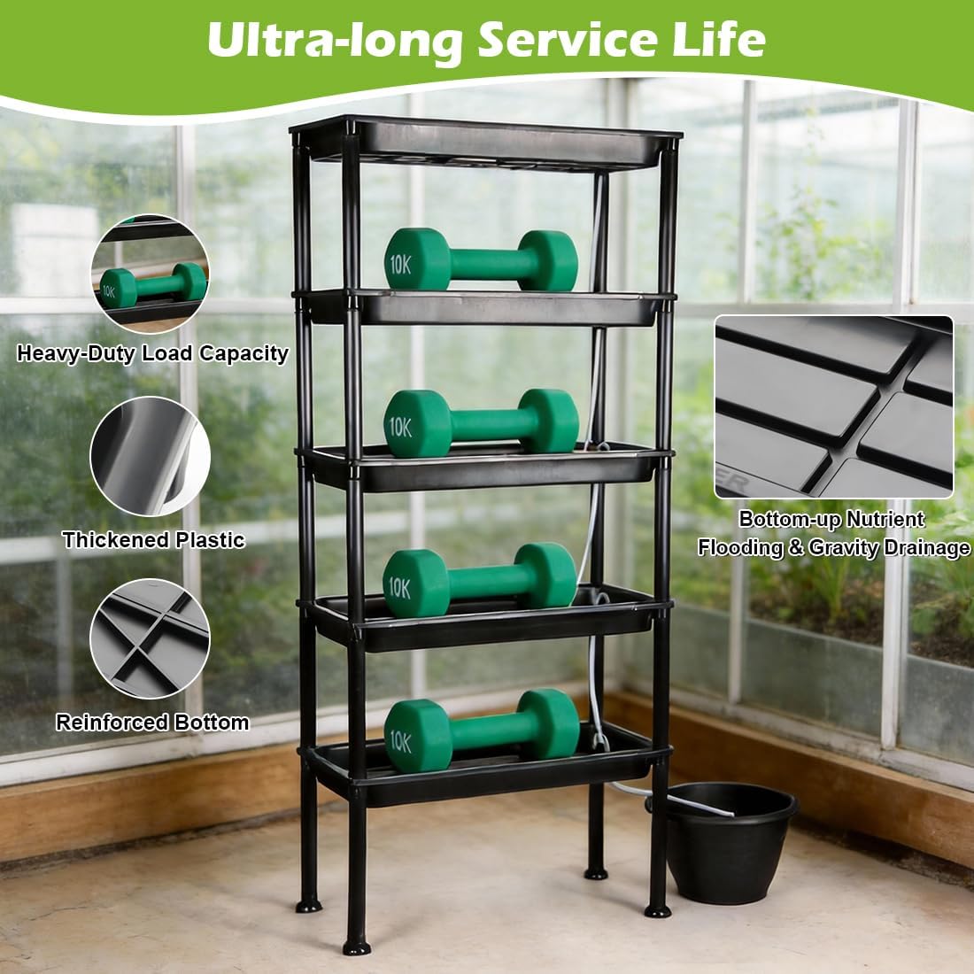 5-Tier Ebb & Flow Hydroponic Growing Rack with Siphon Circulation Watering | UV Resistant Reinforced PVC Seed Starting Stand, 50LB Per Shelf for Indoor Balcony & Greenhouse Seedling, Herb & Vegetable Cultivation