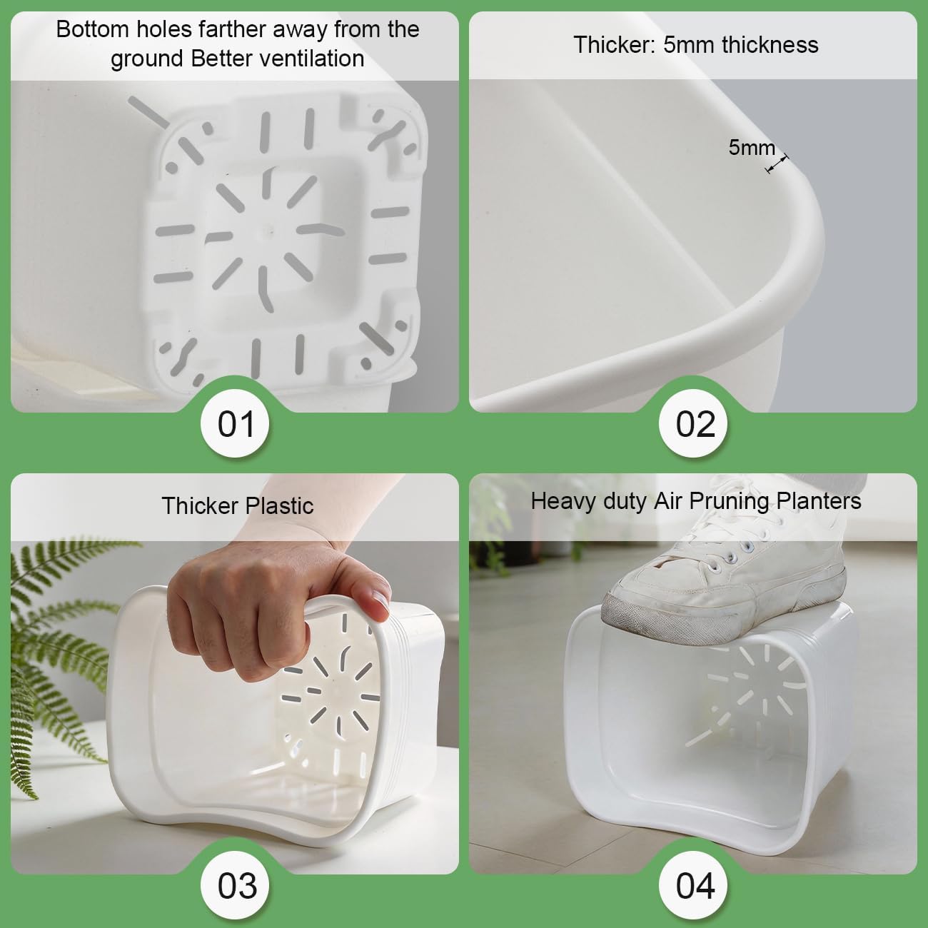 5 Pack 10 Inch White Square Air Pruning Plant Pots with Saucers | 5mm Thick Heavy-Duty Breathable Large Planters for Trees, Orchids, Vegetables & Indoor Outdoor Plants