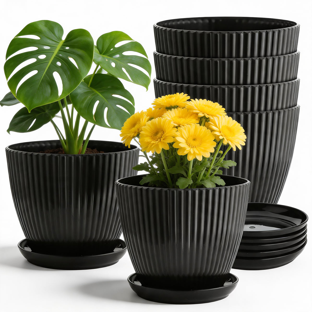 6 Pack 7.5 Inch Matte Black Vertical Ribbed Plant Pots with Matching Saucers | Extra Thick Heavy-Duty PP Dual Drainage Planters for Herbs, Vegetables, Monstera & Indoor Outdoor Houseplants
