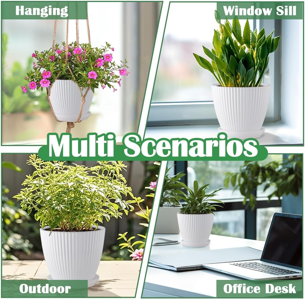 6 Pack 3.5"-7.5 Inch Matte White Vertical Ribbed Plant Pots with Matching Saucers | High-Strength PP Drainage Planters for Succulents, Cactus, Herbs & Indoor Houseplants