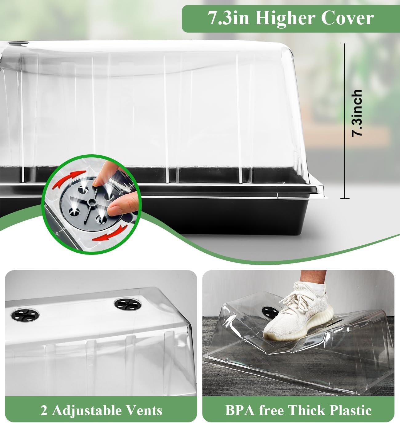 2-Pack 1020 Trays with 7.3'' Domes & Heat Mats & Grow Lights – Heavy-Duty 1020 Seed Starter Kits, Seedling Trays with Humidity Domes & Waterproof Heating Mats & LED Lights for Germination Propagation