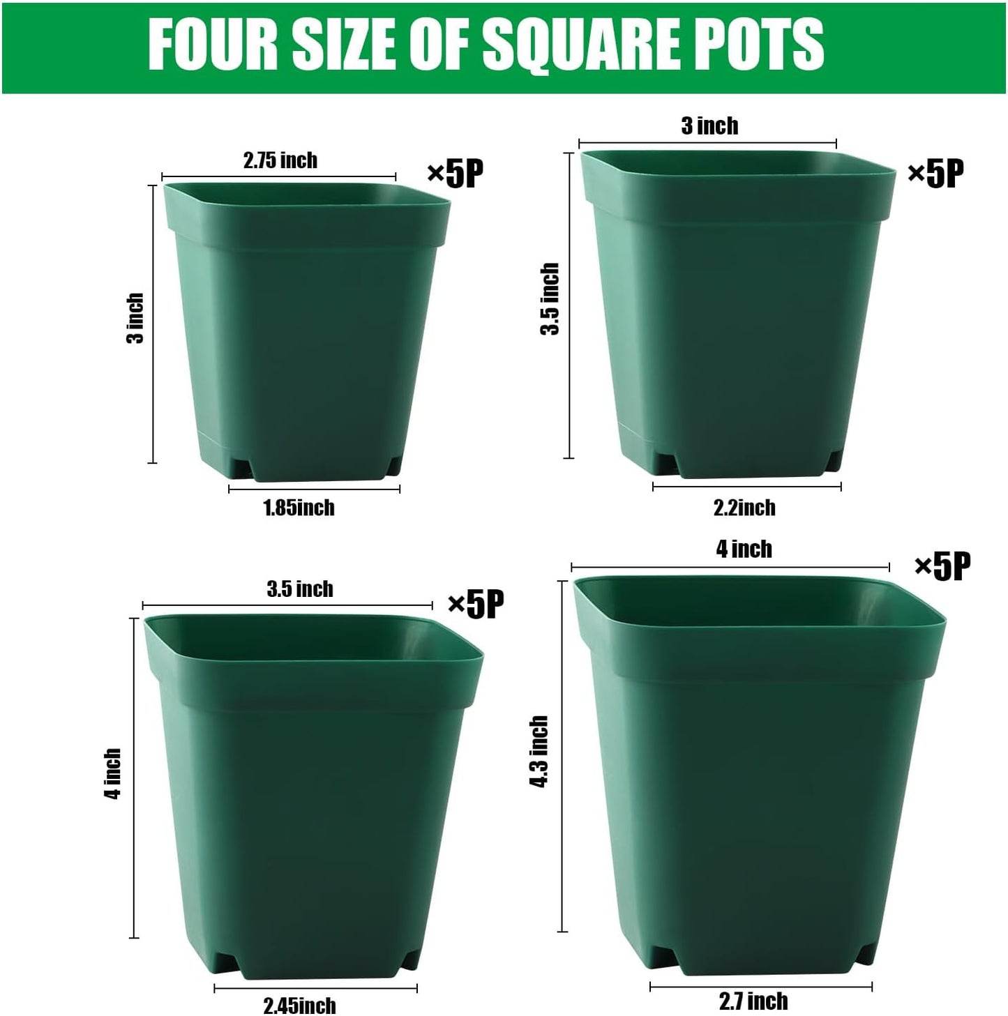 20 Pcs Nursery Pots with Drainage Holes – Plastic Seed Starting in 4 Sizes (2.7", 3", 3.5", 4"), Sturdy and Durable Seedling Pots for Planting, Cuttings, and Transplants, Green