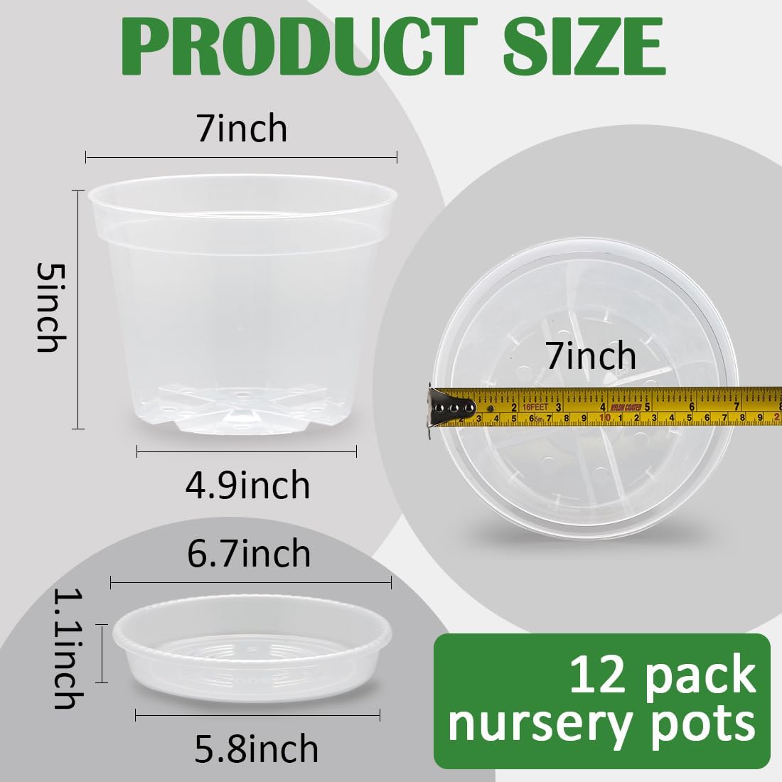 12 Pack 7 Inch Clear Nursery Pots with Saucer, Transparent Plastic Plant Pots with Drainage Holes, Sturdy Plant Starter Pots, Garden Planter Pot for Planting Succulents Flowers Herb Vegetables