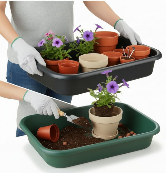 2 Pack Plant Repotting Tray – Multi-Functional Large Potting Tray Heavy-Duty Gardening Tool for Seeding, Pot Moving, Soil Mixing, Hydroponic/Soil Cultivation, Transplanting, Black & Green