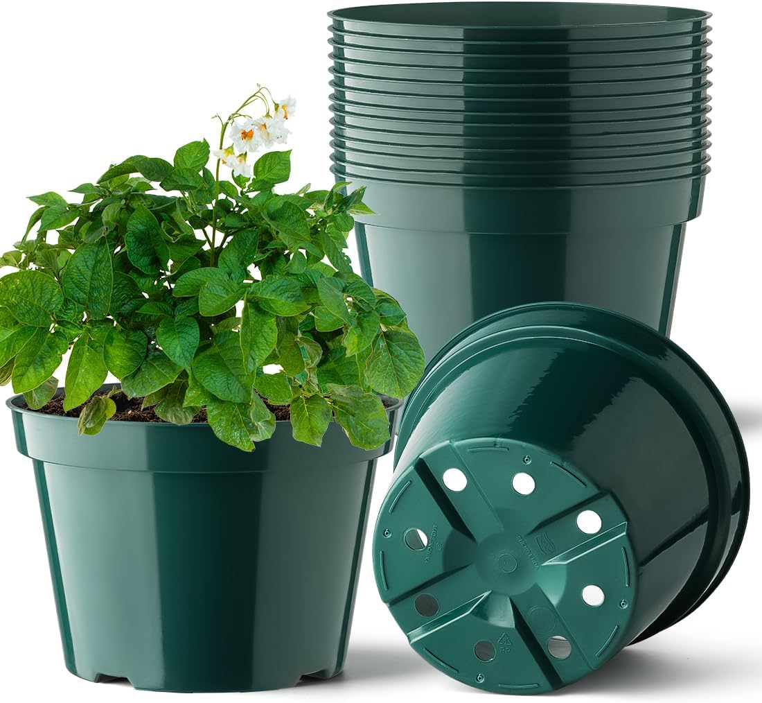 8 Inch Plastic Plant Pots, 15 Pack Sturdy Nursery Pots with Drainage Holes, Flower Planter Pots for Indoor Outdoor, Garden Containers Sets for Vegetable Herbs Flowers, Green