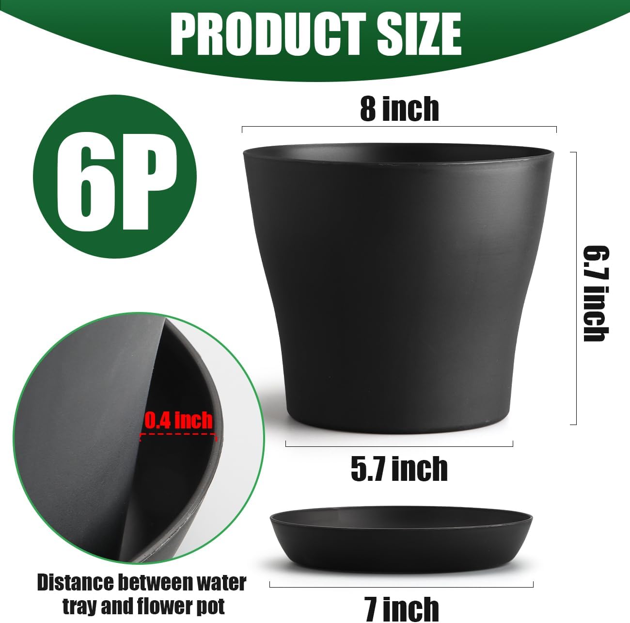 8inch Plant Pot with Drainage Holes & Saucer, 6 Pack Round Durable Plastic 8" Black Nursery Pots Flower Pots for Indoor/Outdoor Plants, Minimalist Curved Design for Succulents, Herbs, Cacti