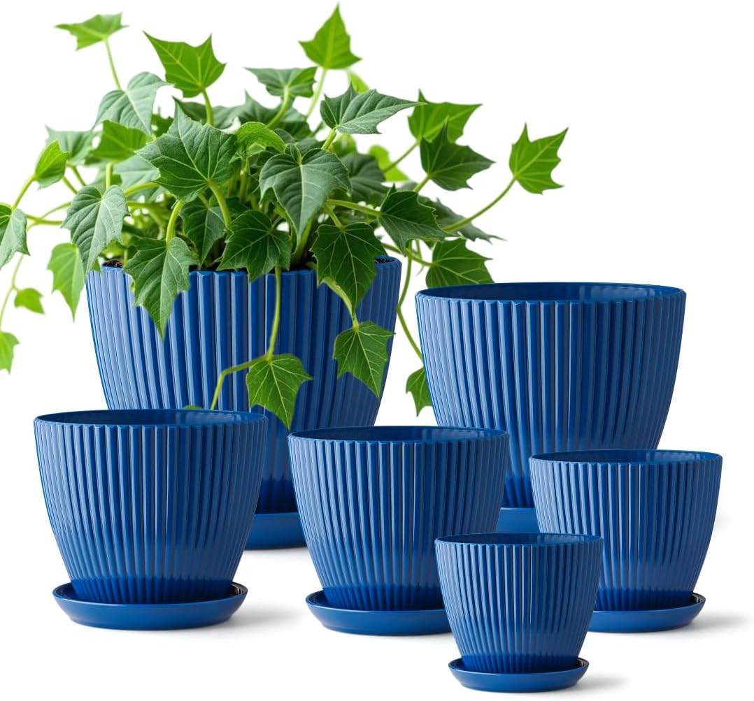 Indoor Plant Pots with Drainage Holes and Saucer, 6 Pack Plastic Flower Pots(7.5/6.5/5.5/4.9/4.2/3.5Inches) - Perfect for Small Indoor Plants and Home Decor, Blue