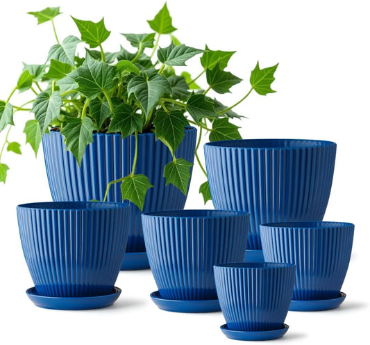 Indoor Plant Pots with Drainage Holes and Saucer, 6 Pack Plastic Flower Pots(7.5/6.5/5.5/4.9/4.2/3.5Inches) - Perfect for Small Indoor Plants and Home Decor, Blue