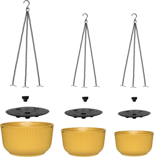 Hanging Planters for Indoor Plants, 3 Pack Hanging Baskets for Plants, Self Watering Plant Hanger for Indoor Plants, Round Hanging Plant Pot with Drainage Holes and Chains, Yellow