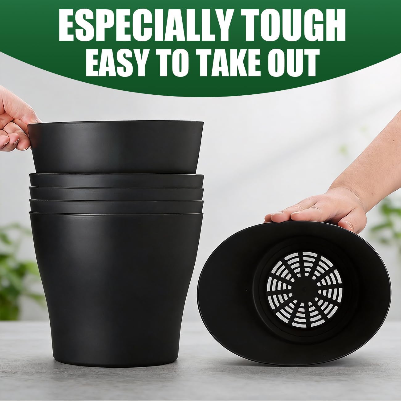 8inch Plant Pot with Drainage Holes & Saucer, 6 Pack Round Durable Plastic 8" Black Nursery Pots Flower Pots for Indoor/Outdoor Plants, Minimalist Curved Design for Succulents, Herbs, Cacti