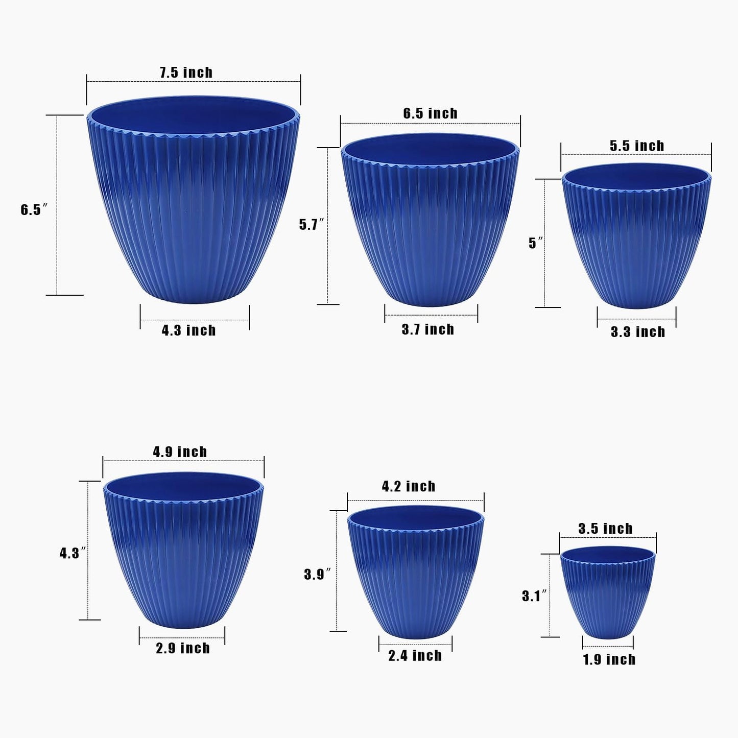 Indoor Plant Pots with Drainage Holes and Saucer, 6 Pack Plastic Flower Pots(7.5/6.5/5.5/4.9/4.2/3.5Inches) - Perfect for Small Indoor Plants and Home Decor, Blue