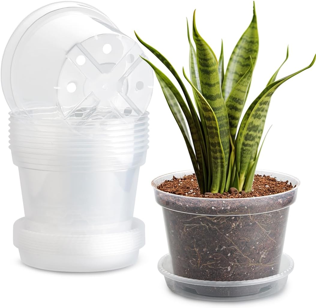 7 Pack 8 Inch Clear Nursery Pots with Saucer, Transparent Plastic Plant Pots with Drainage Holes, Sturdy Plant Starter Pots, Garden Planter Pot for Planting Succulents Flowers Herb Vegetables