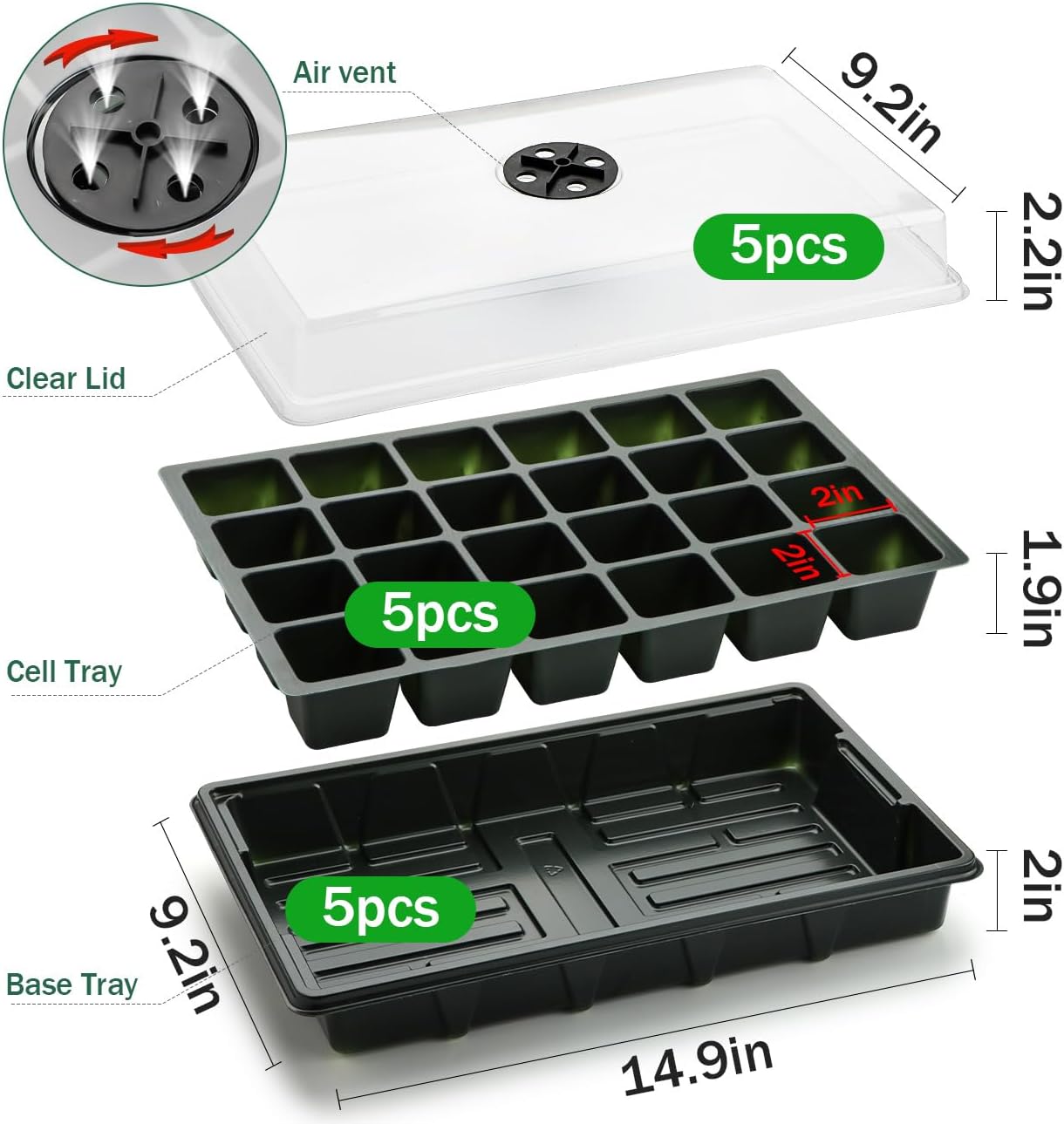 Seed Starter Tray with Dome-5 Sets 24XL Cell Seedling Trays(Total 120 Cells), Plant Germination Tray with Humidity Vented Lid and Base, Mini Propagator Plant Greenhouse for Seed Growing