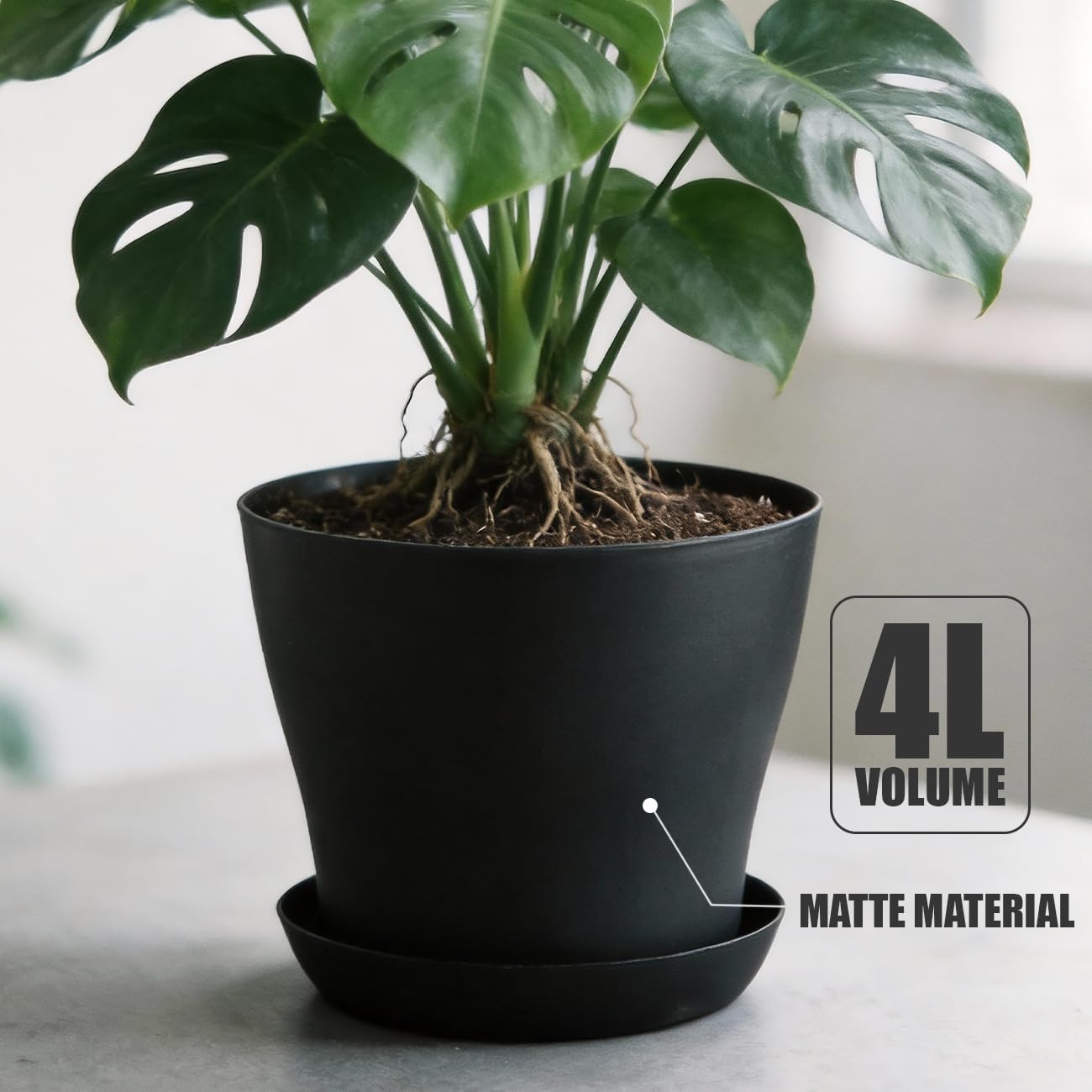 8inch Plant Pot with Drainage Holes & Saucer, 6 Pack Round Durable Plastic 8" Black Nursery Pots Flower Pots for Indoor/Outdoor Plants, Minimalist Curved Design for Succulents, Herbs, Cacti