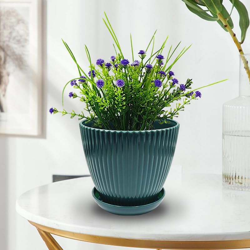 6 Pack 3.5"-7.5 Inch Dark Green Vertical Ribbed Plant Pots with Matching Saucers | High-Strength PP Drainage Planters for Succulents, Cactus, Herbs & Indoor Houseplants