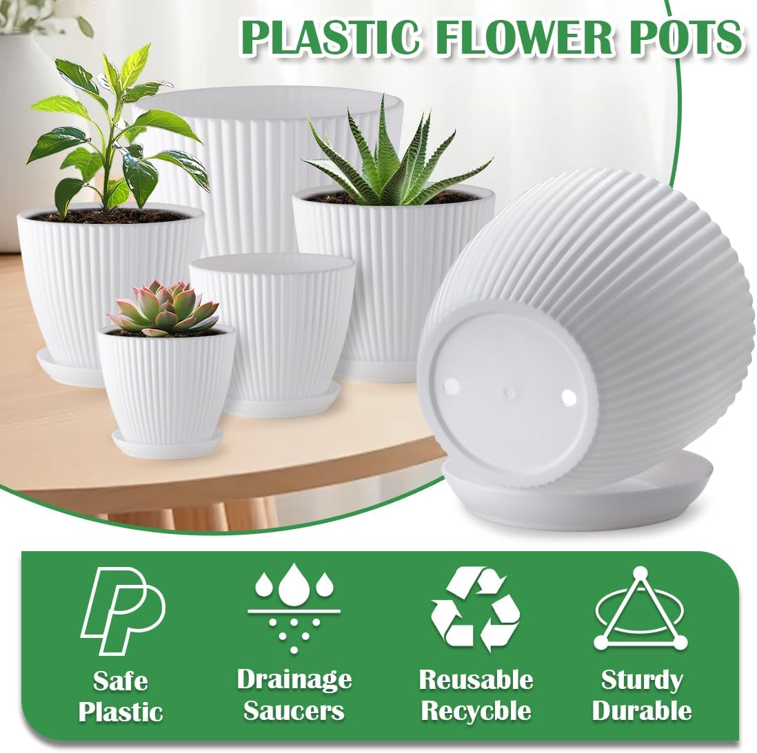 6 Pack 3.5"-7.5 Inch Matte White Vertical Ribbed Plant Pots with Matching Saucers | High-Strength PP Drainage Planters for Succulents, Cactus, Herbs & Indoor Houseplants