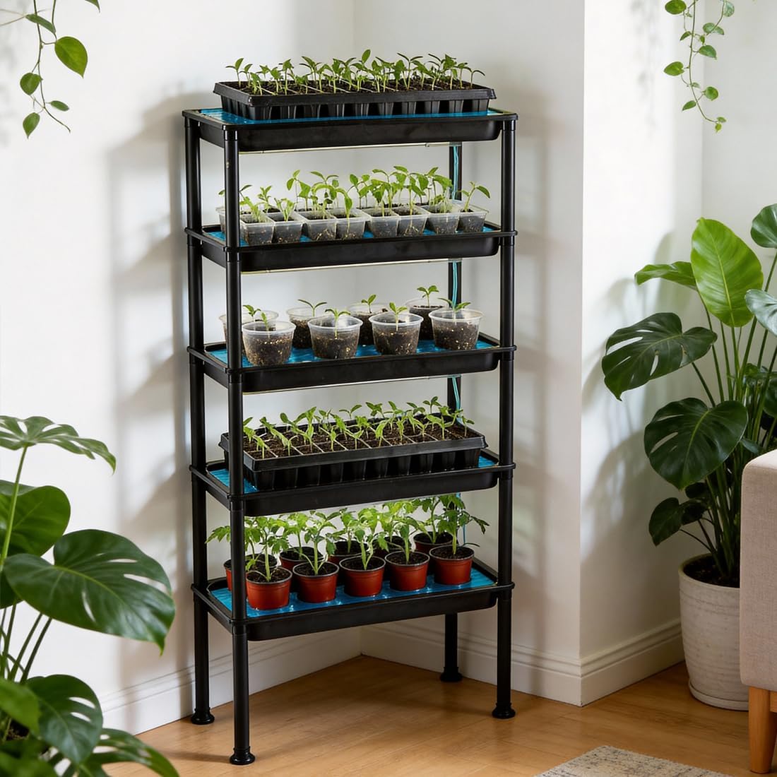 5-Tier Ebb & Flow Hydroponic Growing Rack with Siphon Circulation Watering | UV Resistant Reinforced PVC Seed Starting Stand, 50LB Per Shelf for Indoor Balcony & Greenhouse Seedling, Herb & Vegetable Cultivation
