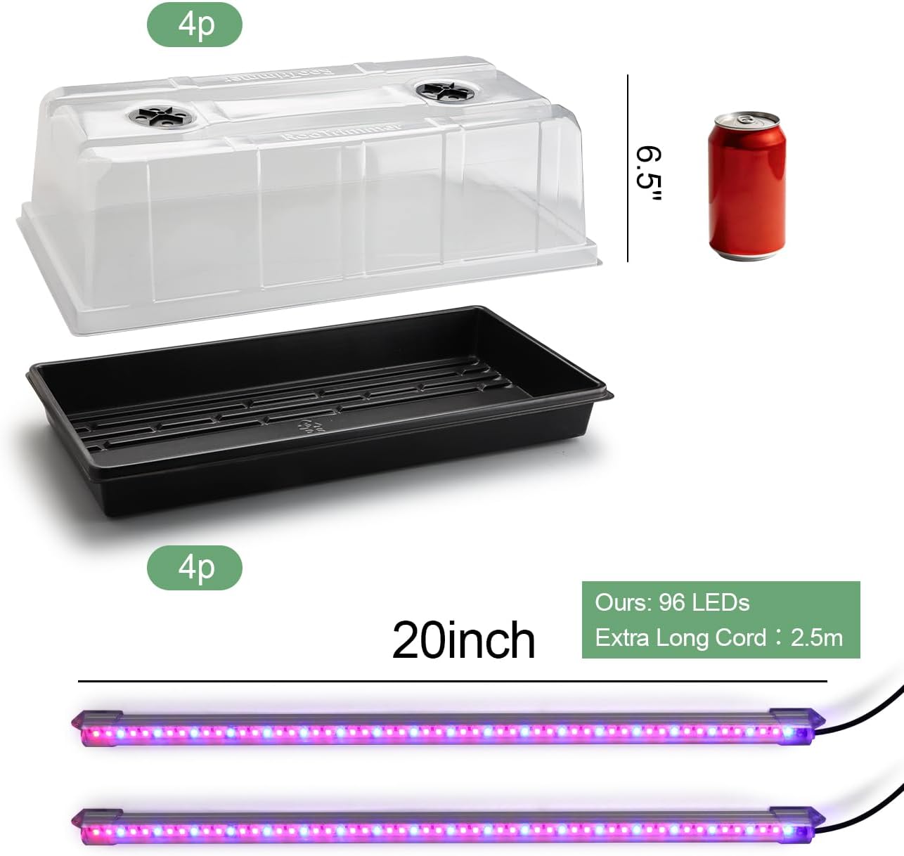 1020 Nursery Tray with Grow Lights, 4-Pack 6.3" Extra High Humidity Dome & Heavy Duty Propagation Tray, 8-Pack Integrated 96 Full Spectrum LED with Timer/5 Dimmable Levels, Reusable Greenhouse Kit