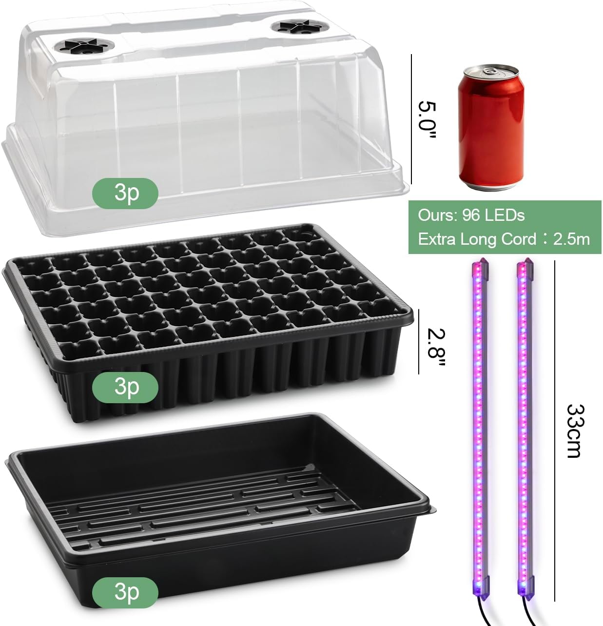 Seed Starter Tray with Grow Lights - 3-Pack 54 Cell Seedling Starter Kit, 5" Tall Humidity Dome & 2.8" Deep Cells, 96-LED Full Spectrum Plant Light with Timer/Dimmable, Reusable Germination Station