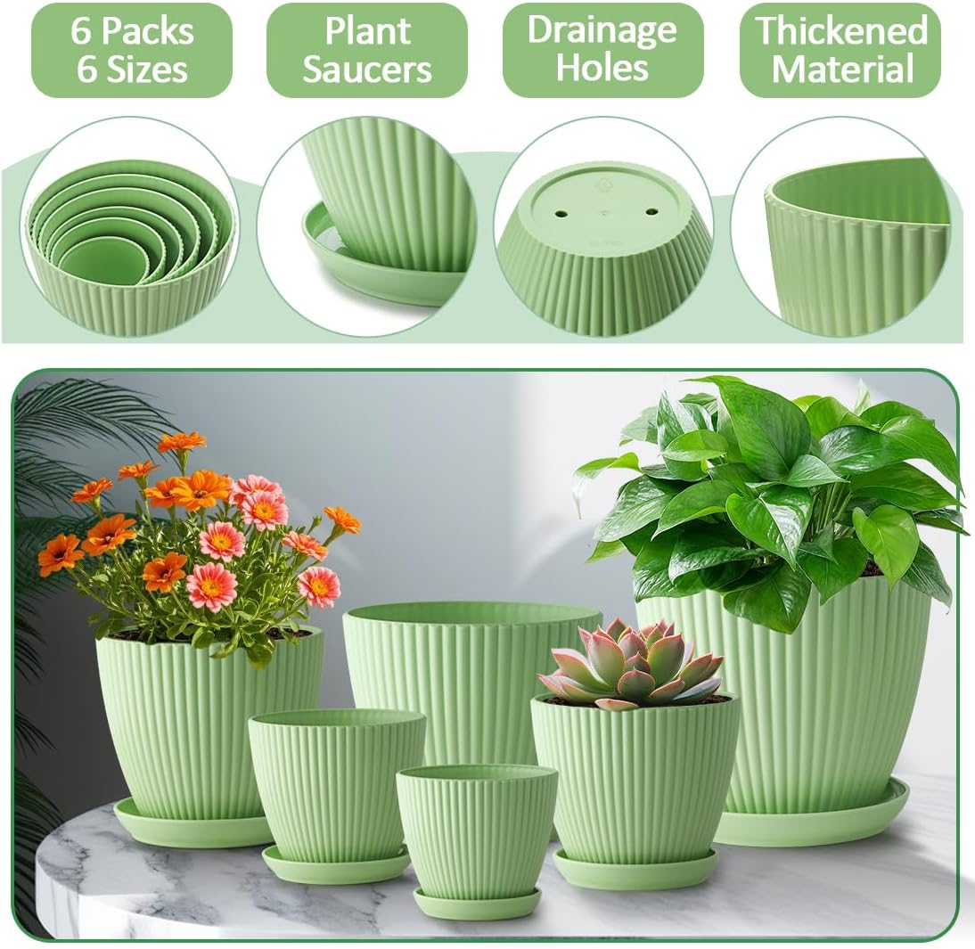 6 Pack Multi-Size Mint Green Vertical Ribbed Plant Pots with Matching Saucers | 3.5"-7.5" All-Size PP Drainage Planters for Succulents, Cactus, Herbs & Indoor Houseplants