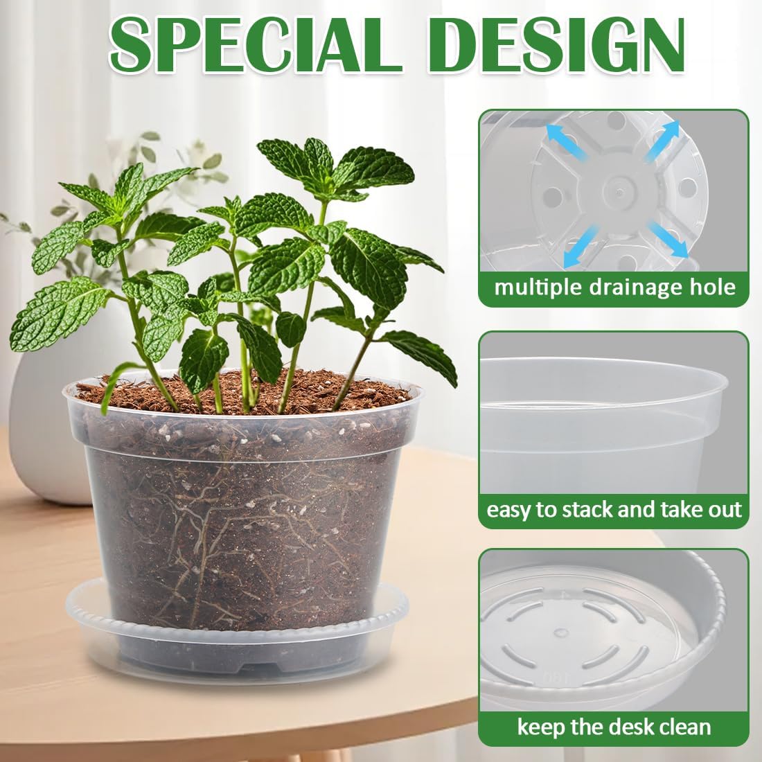 12 Pack 7 Inch Clear Nursery Pots with Saucer, Transparent Plastic Plant Pots with Drainage Holes, Sturdy Plant Starter Pots, Garden Planter Pot for Planting Succulents Flowers Herb Vegetables
