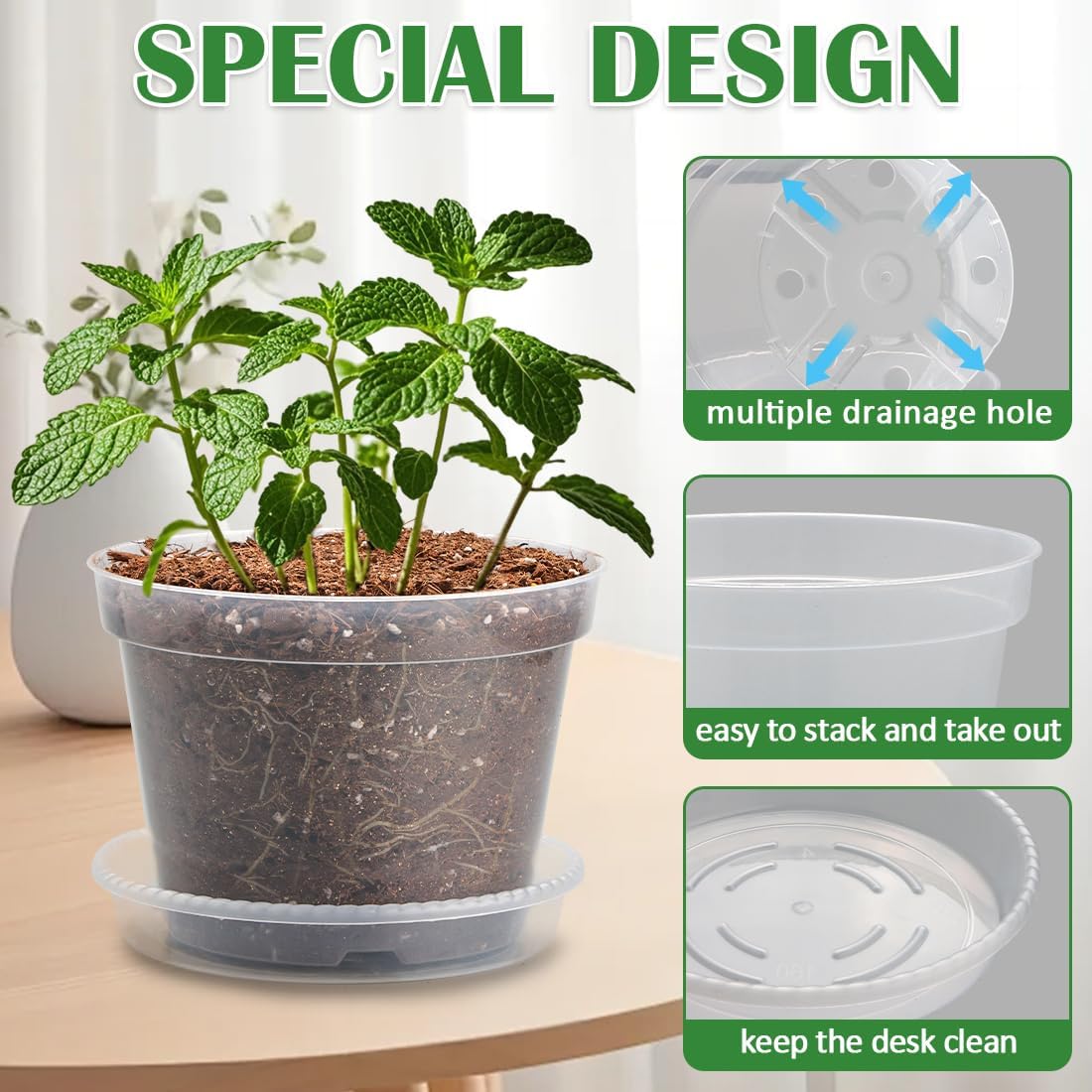 7 Pack 8 Inch Clear Nursery Pots with Saucer, Transparent Plastic Plant Pots with Drainage Holes, Sturdy Plant Starter Pots, Garden Planter Pot for Planting Succulents Flowers Herb Vegetables