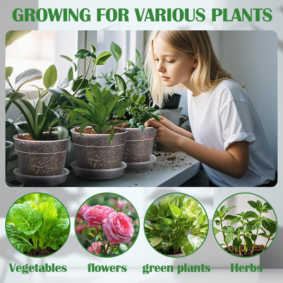 12 Pack 7 Inch Clear Nursery Pots with Saucer, Transparent Plastic Plant Pots with Drainage Holes, Sturdy Plant Starter Pots, Garden Planter Pot for Planting Succulents Flowers Herb Vegetables