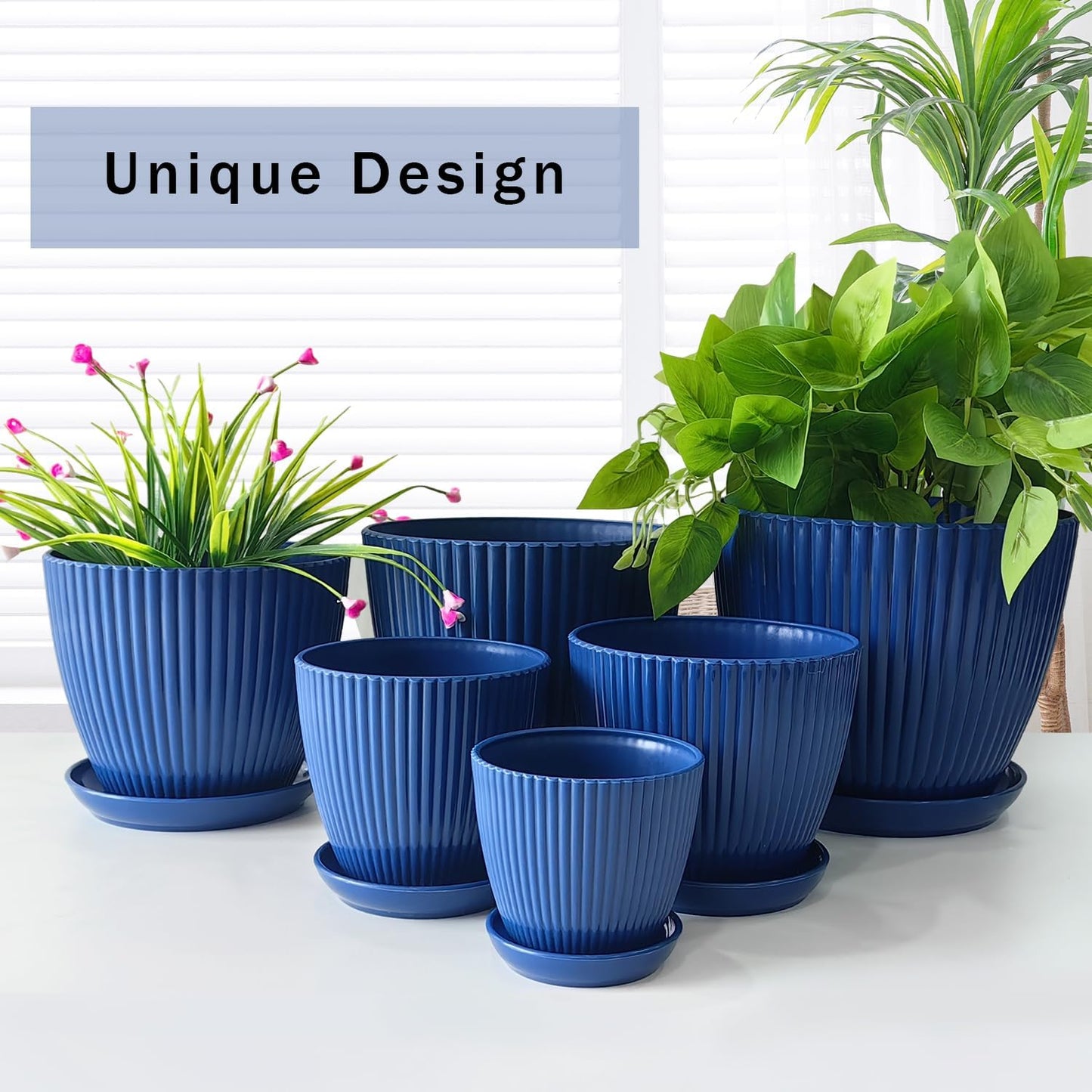 Indoor Plant Pots with Drainage Holes and Saucer, 6 Pack Plastic Flower Pots(7.5/6.5/5.5/4.9/4.2/3.5Inches) - Perfect for Small Indoor Plants and Home Decor, Blue