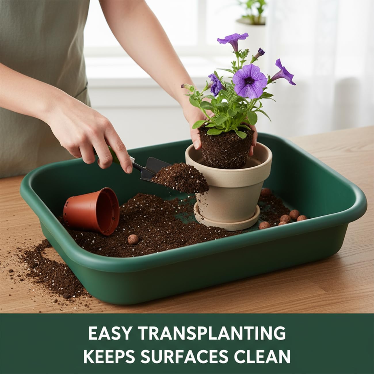 2 Pack Plant Repotting Tray – Multi-Functional Large Potting Tray Heavy-Duty Gardening Tool for Seeding, Pot Moving, Soil Mixing, Hydroponic/Soil Cultivation, Transplanting, Black & Green