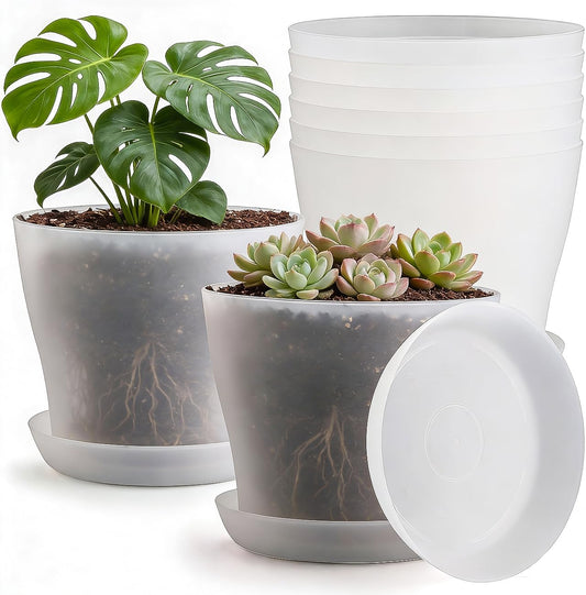 8 Inch Plant Pot with Large Drainage Holes & Saucer, 6 Pack Clear Nursery Pots Plastic Translucent Flower Pots - Durable Outdoor/Indoor Planters for Succulents, Herbs, Cacti, Ideal Gardening Gifts