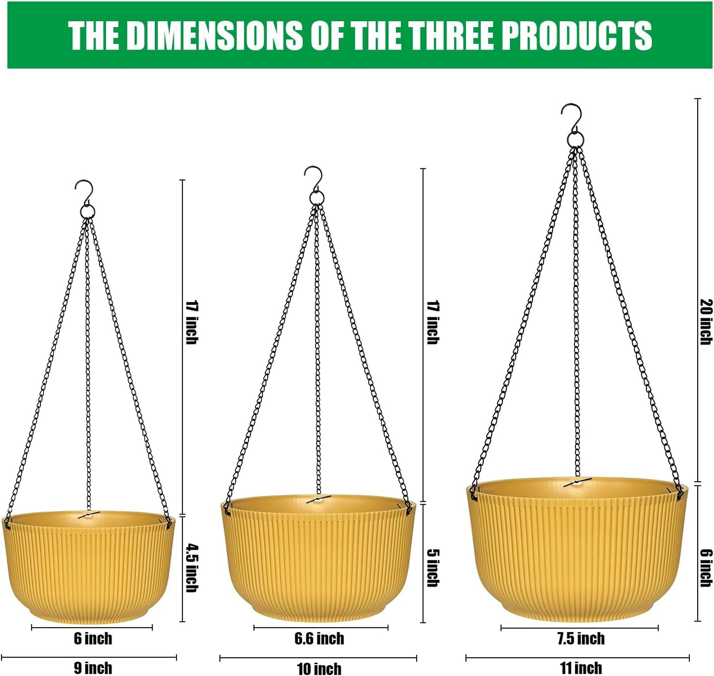 Hanging Planters for Indoor Plants, 3 Pack Hanging Baskets for Plants, Self Watering Plant Hanger for Indoor Plants, Round Hanging Plant Pot with Drainage Holes and Chains, Yellow