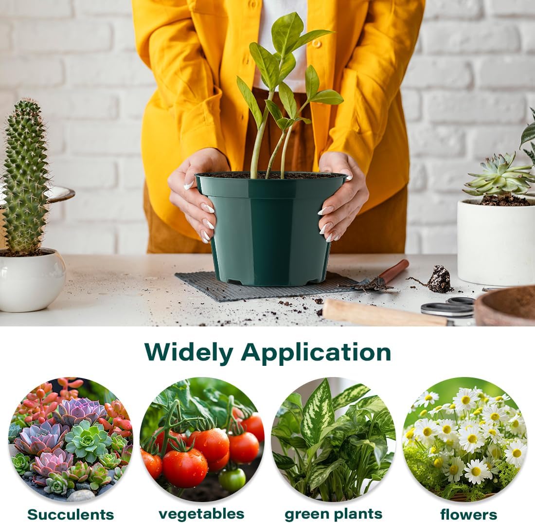 8 Inch Plastic Plant Pots, 15 Pack Sturdy Nursery Pots with Drainage Holes, Flower Planter Pots for Indoor Outdoor, Garden Containers Sets for Vegetable Herbs Flowers, Green
