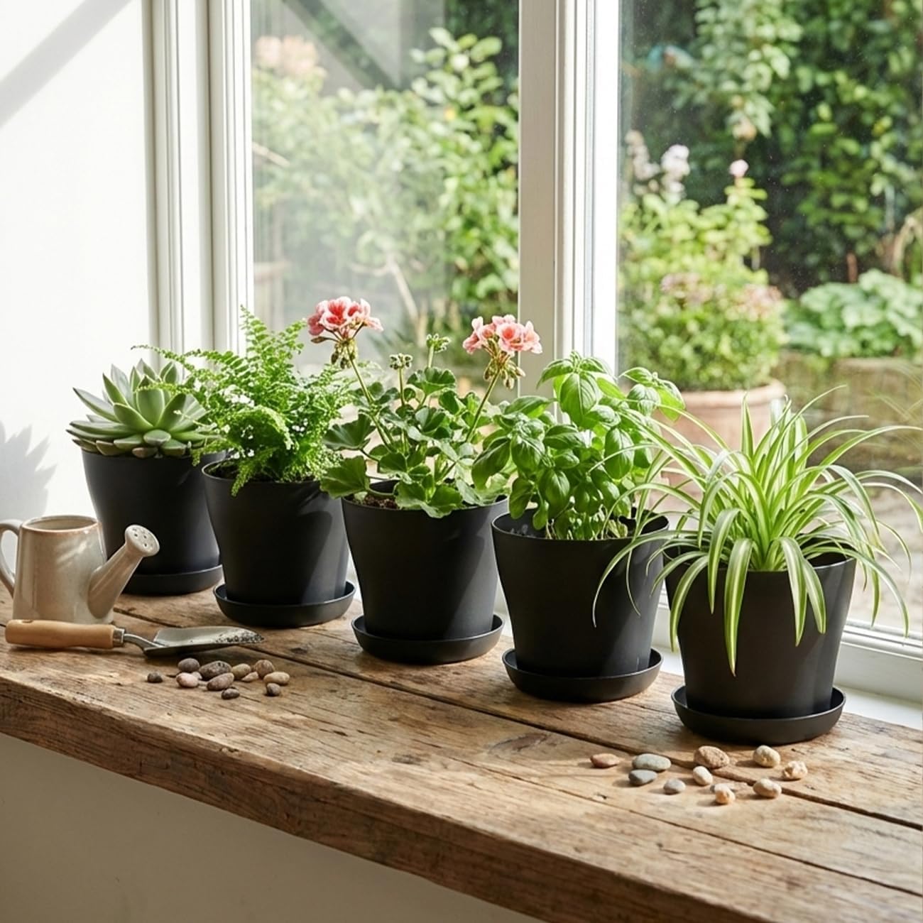 8inch Plant Pot with Drainage Holes & Saucer, 6 Pack Round Durable Plastic 8" Black Nursery Pots Flower Pots for Indoor/Outdoor Plants, Minimalist Curved Design for Succulents, Herbs, Cacti