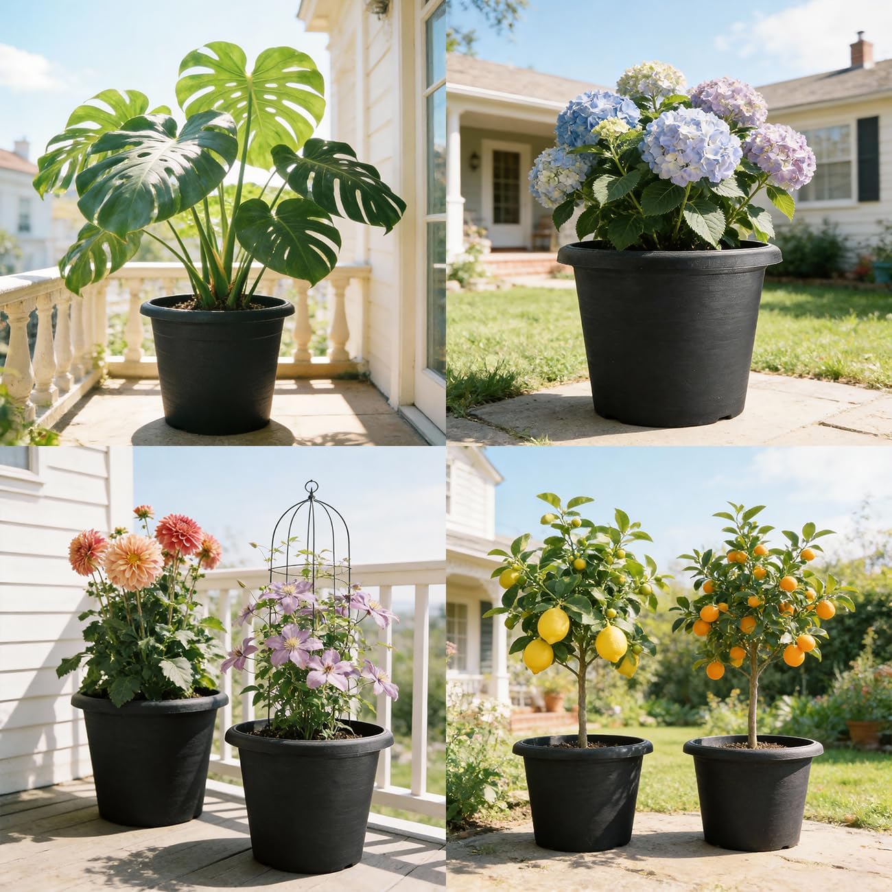 16 Inch Large Planters, 4 Pack Plastic Heavy-Duty Plant Pots with Drainage Holes - Flower Pots for Indoor & Outdoor Plants - 30L Capacity, 16" Dia & 12" Tall, Cement Textured Patio Garden Containers