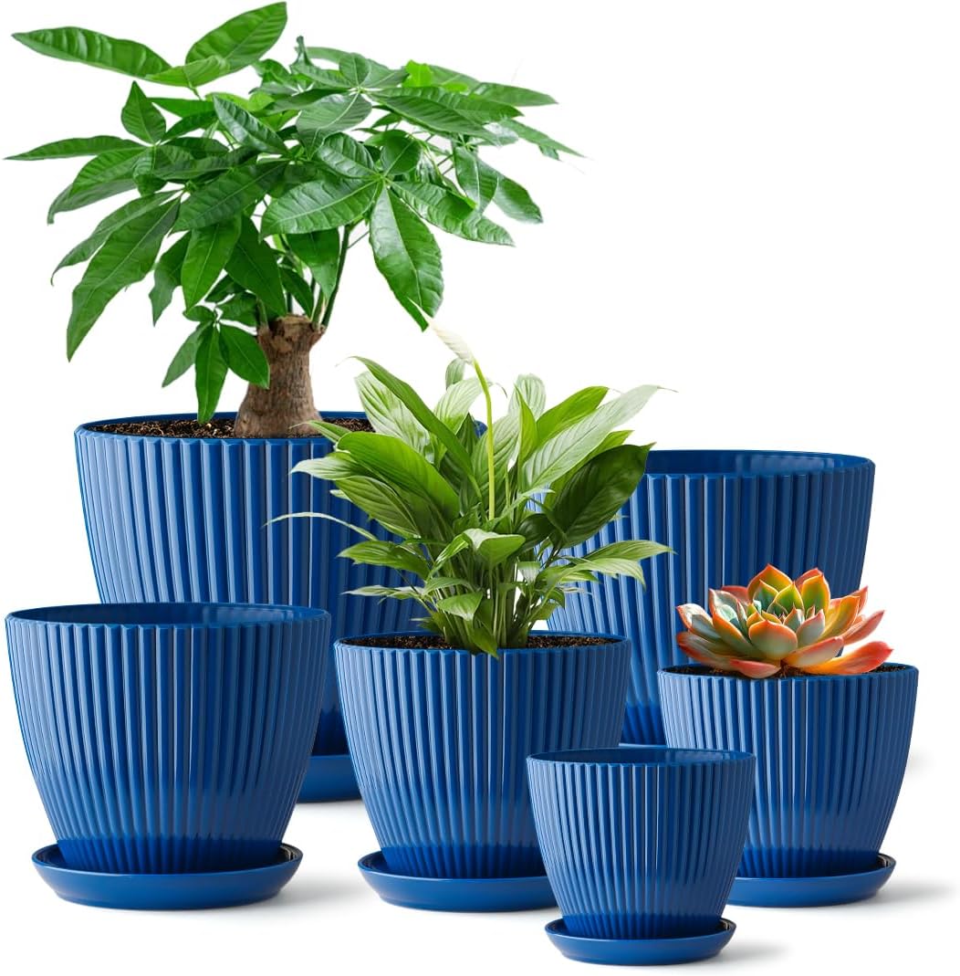 6 Pack Modern Ribbed Blue Plant Pots with Saucers & Drainage Holes | Multi Size 3.5"-7.5" Indoor Outdoor Planters for Succulents, Herbs & Houseplants