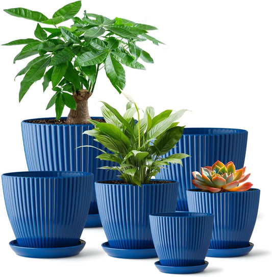 6 Pack Modern Ribbed Blue Plant Pots with Saucers & Drainage Holes | Multi Size 3.5"-7.5" Indoor Outdoor Planters for Succulents, Herbs & Houseplants