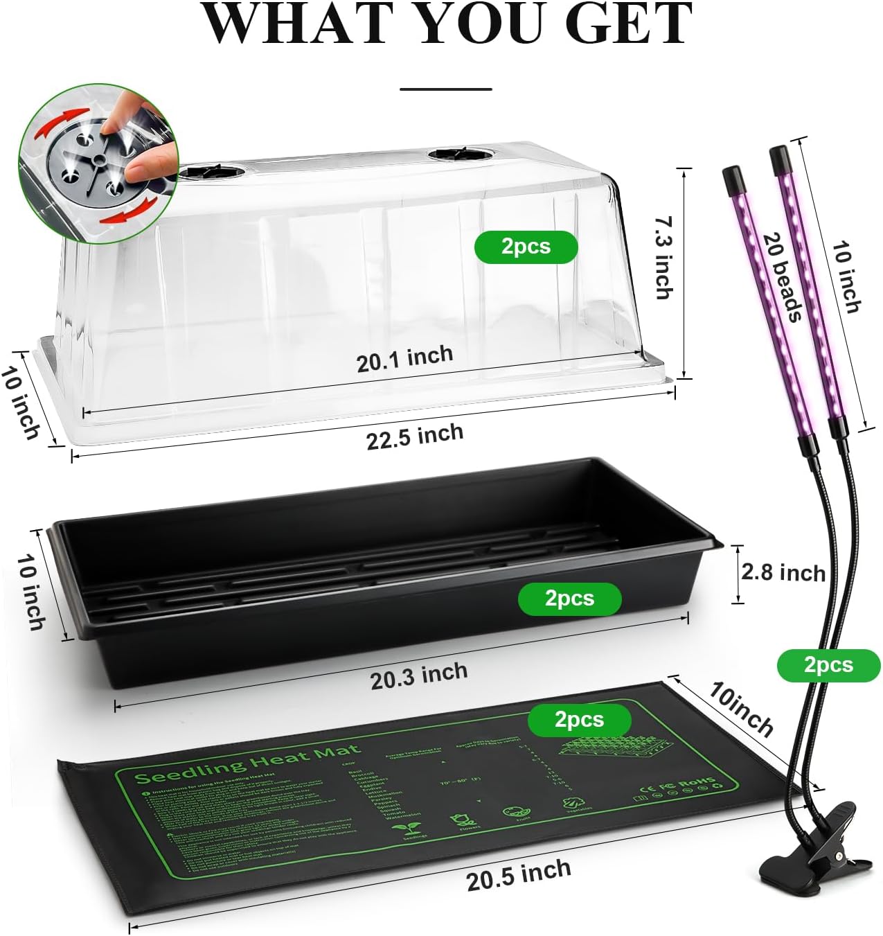 2-Pack 1020 Trays with 7.3'' Domes & Heat Mats & Grow Lights – Heavy-Duty 1020 Seed Starter Kits, Seedling Trays with Humidity Domes & Waterproof Heating Mats & LED Lights for Germination Propagation