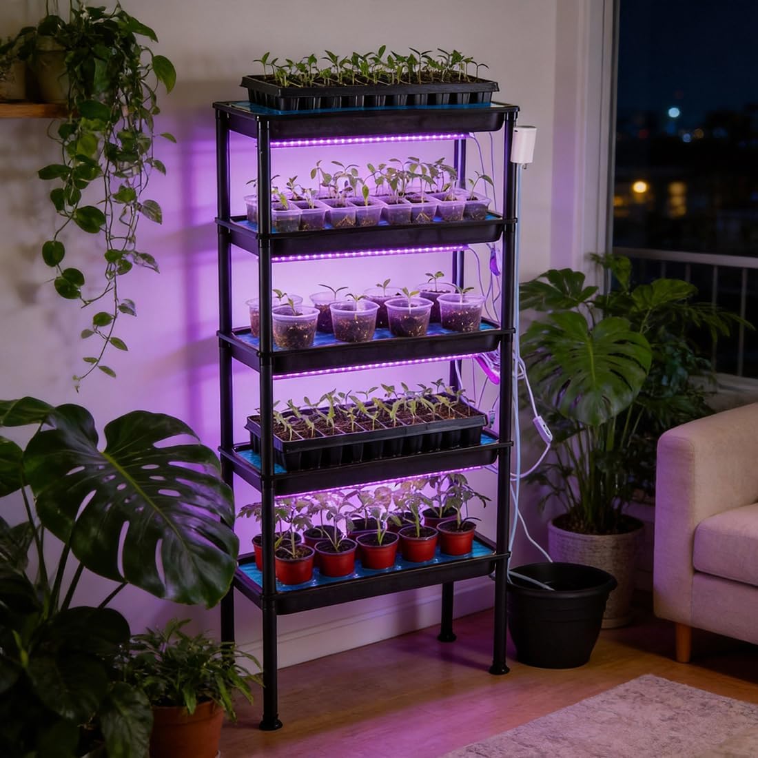 5-Tier Electric Pump Auto Ebb & Flow Hydroponic Growing Rack with Dimmable Timer Red-Blue Grow Lights | UV Resistant Reinforced PVC Seed Starting Station,50LB Per Shelf for Sunless Indoor Balcony Greenhouse Herb & Vegetable Cultivation
