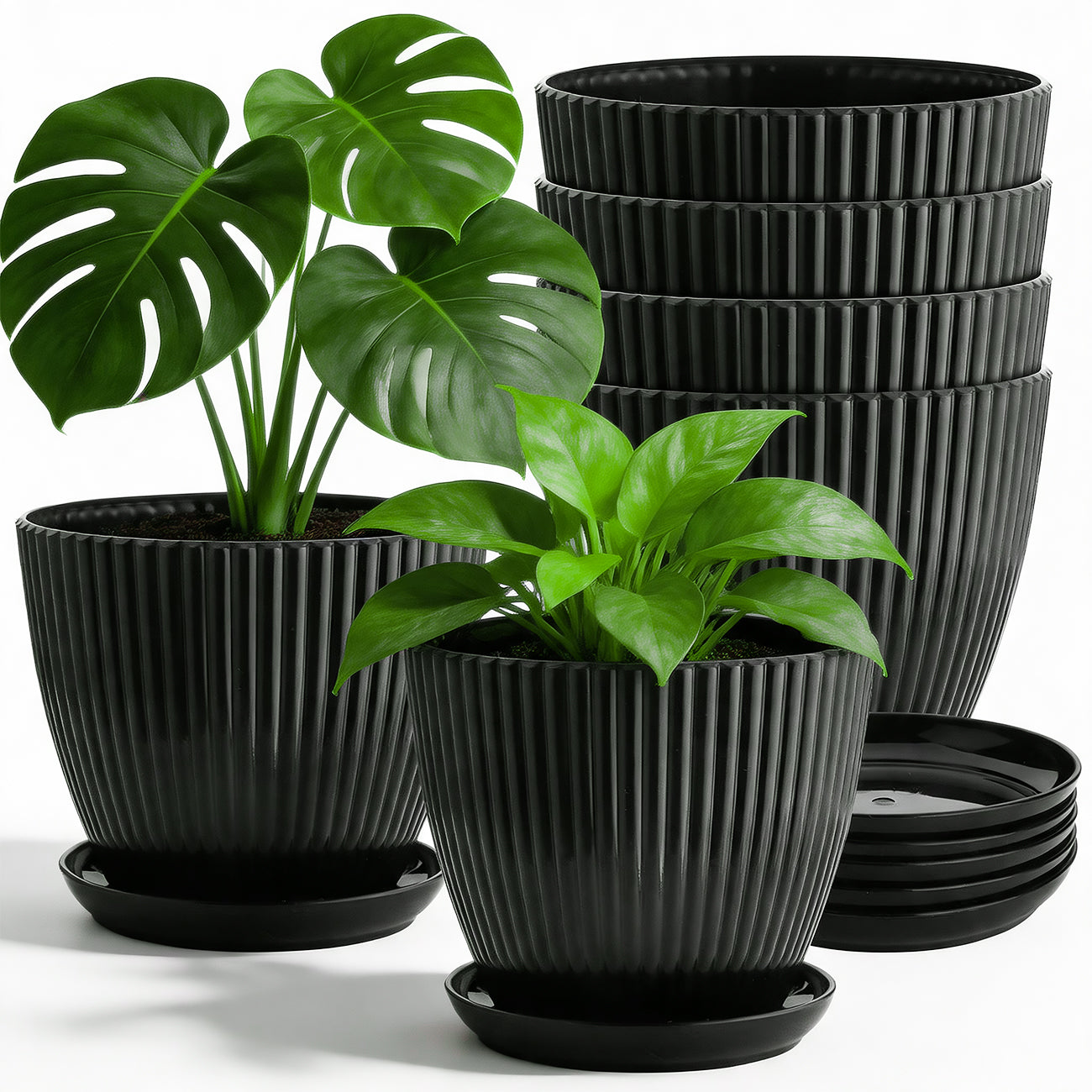 6 Pack 7.5 Inch Matte Black Vertical Ribbed Plant Pots with Matching Saucers | Extra Thick Heavy-Duty PP Dual Drainage Planters for Herbs, Vegetables, Monstera & Indoor Outdoor Houseplants