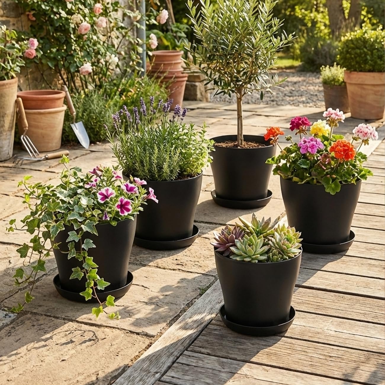 8inch Plant Pot with Drainage Holes & Saucer, 6 Pack Round Durable Plastic 8" Black Nursery Pots Flower Pots for Indoor/Outdoor Plants, Minimalist Curved Design for Succulents, Herbs, Cacti