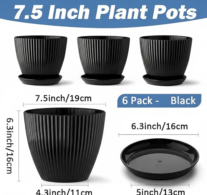 6 Pack 7.5 Inch Matte Black Vertical Ribbed Plant Pots with Matching Saucers | Extra Thick Heavy-Duty PP Dual Drainage Planters for Herbs, Vegetables, Monstera & Indoor Outdoor Houseplants