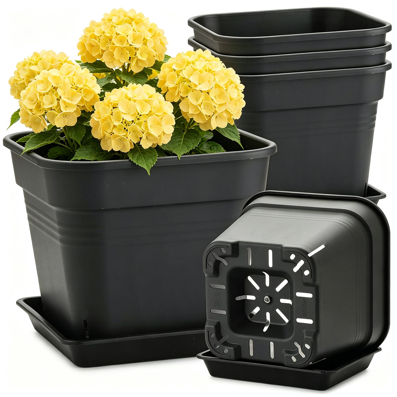 5 Pack 10 Inch Matte Black Square Air Pruning Planters with Matching Saucers | 5mm UV-Resistant Heavy Duty Large Plant Pots for Hydrangea, Orchard Trees & Backyard Vegetable Planting
