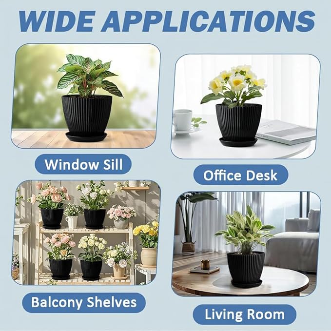 6 Pack 7.5 Inch Matte Black Vertical Ribbed Plant Pots with Matching Saucers | Extra Thick Heavy-Duty PP Dual Drainage Planters for Herbs, Vegetables, Monstera & Indoor Outdoor Houseplants