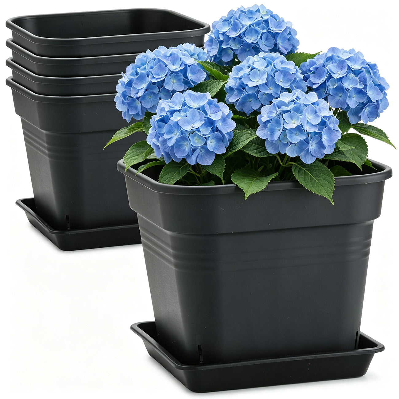 5 Pack 10 Inch Matte Black Square Air Pruning Planters with Matching Saucers | 5mm UV-Resistant Heavy Duty Large Plant Pots for Hydrangea, Orchard Trees & Backyard Vegetable Planting
