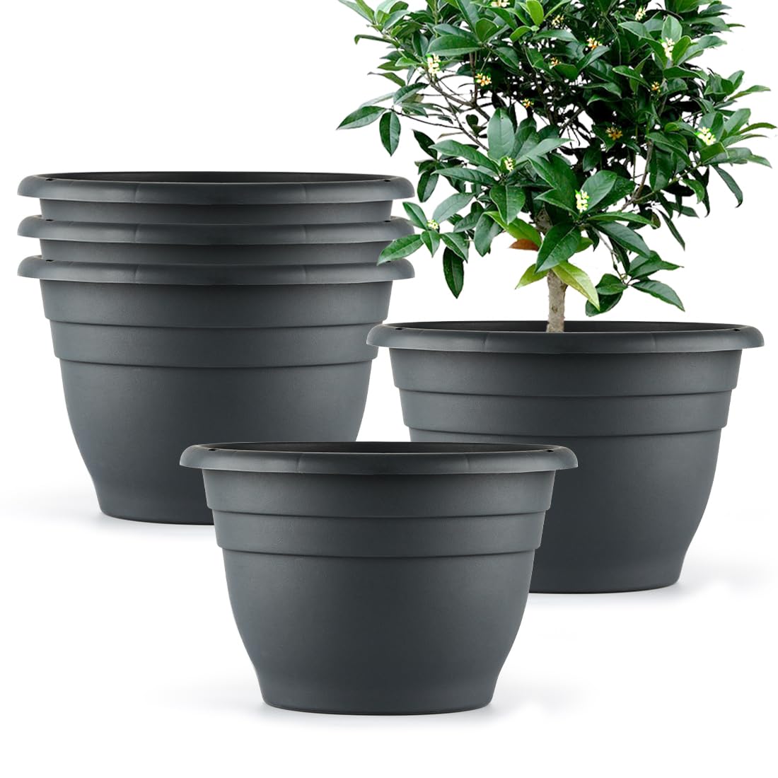 Plant Pots Set of 5, 10" Outside Diameter Flower Pots, 8.5" Inner Diameter Plant Planters with Drainage Hole, Durable Garden Pots Perfect for Indoor & Outdoor Plant Planting, Decor, Gray