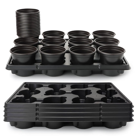 4 Inch Plastic Plant Pots 60 Pcs and 12 Cell Nursery Pots Trays 5 Pcs, Thick Sturdy Seeds Starting Germination Shuttle Carrying Trays, Black Small Planter Nursery Propagation 5 Sets