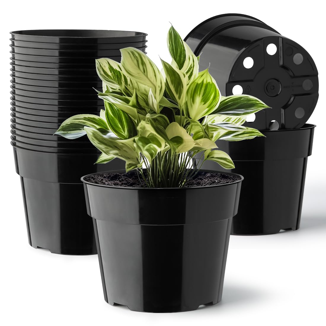 20 Pack Plant Pots, 6 Inch Plastic Plant Planter with Saucers and Mesh Mats, Durable Flower Pots with Drainage Holes Perfect for Indoor Outdoor, Black