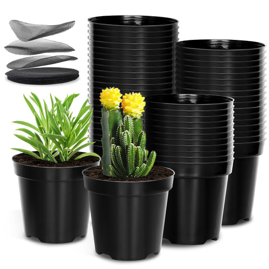 40 Pack 4 Inch Plant Nursery Pots with Mesh Pad, Sturdy Plastic Flower Planter Pots with Drainage Holes, Seed Starter Pots for Planting Seedings Cuttings Succulents Indoor Ourdoor, Black